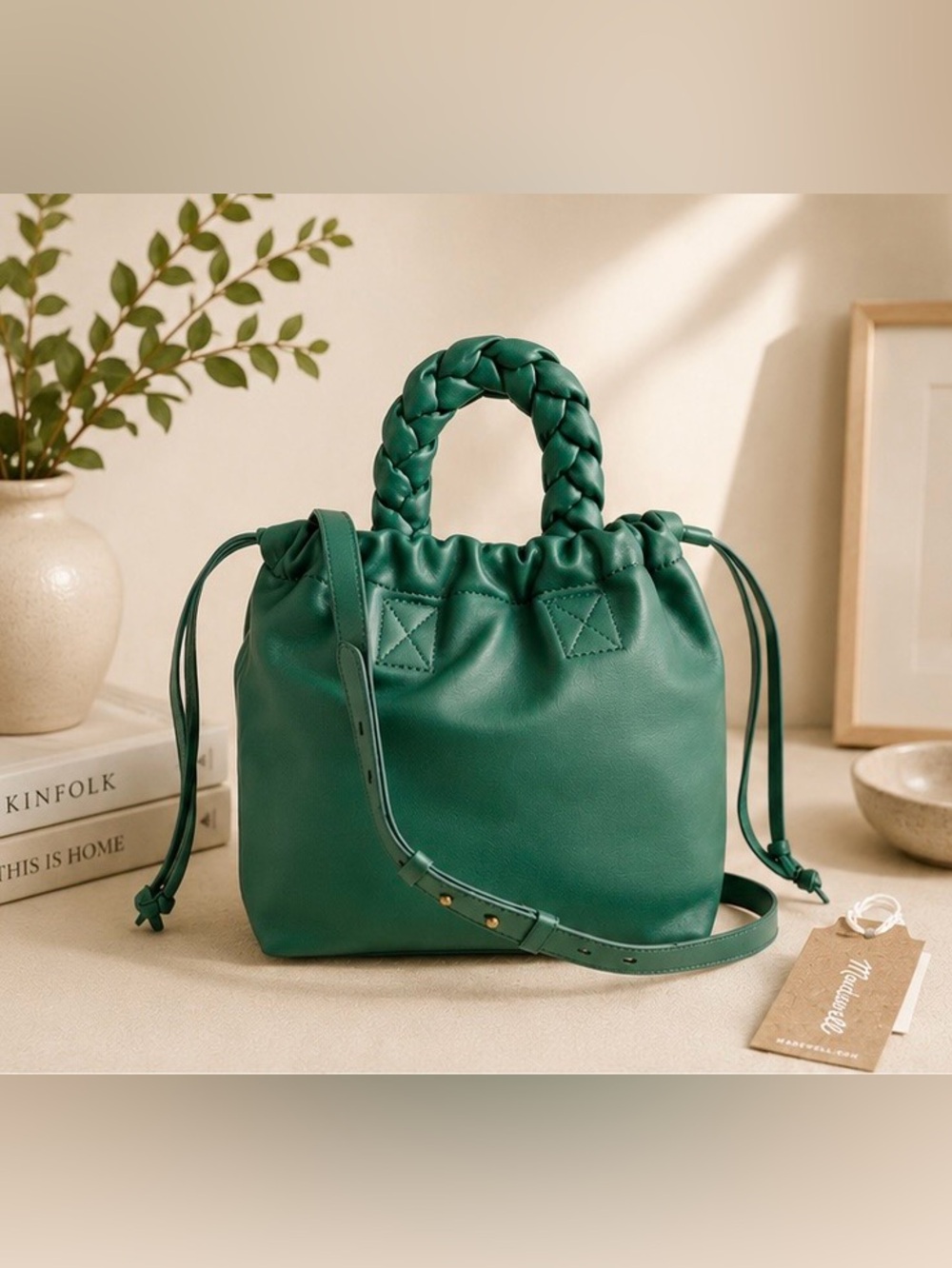 Madewell Piazza Leather Crossbody Bucket Bag Braided Strap Green NWT
JADE
